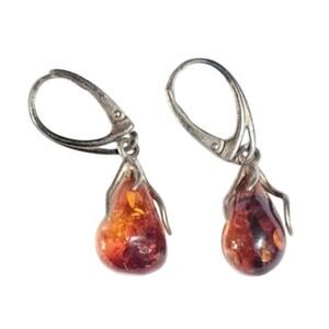 Vintage Sterling Silver Baltic Amber Lever-Back Drop Earrings